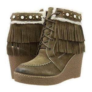 Sam Edelman Kemper Fringe Wedge Boots Green Suede